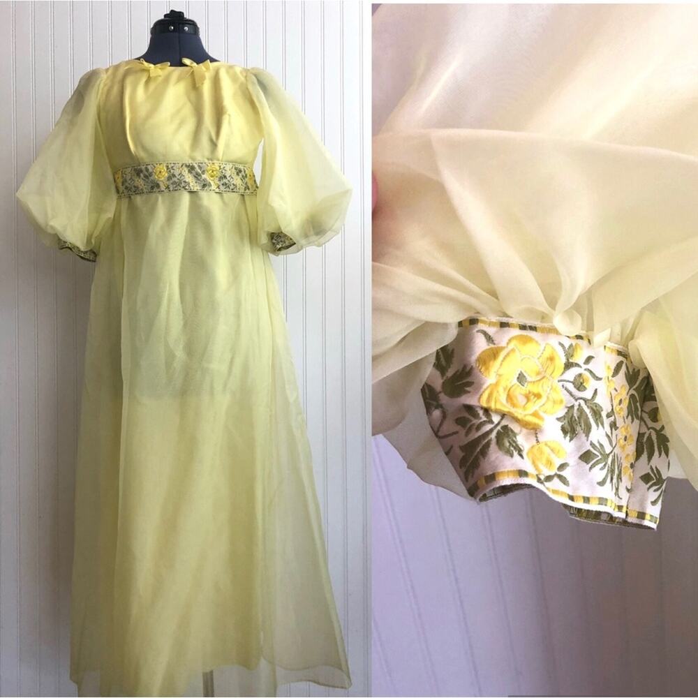 Vintage Girls Party Dress Buttercup Yellow Princess Gown Chiffon Bows Embroidery